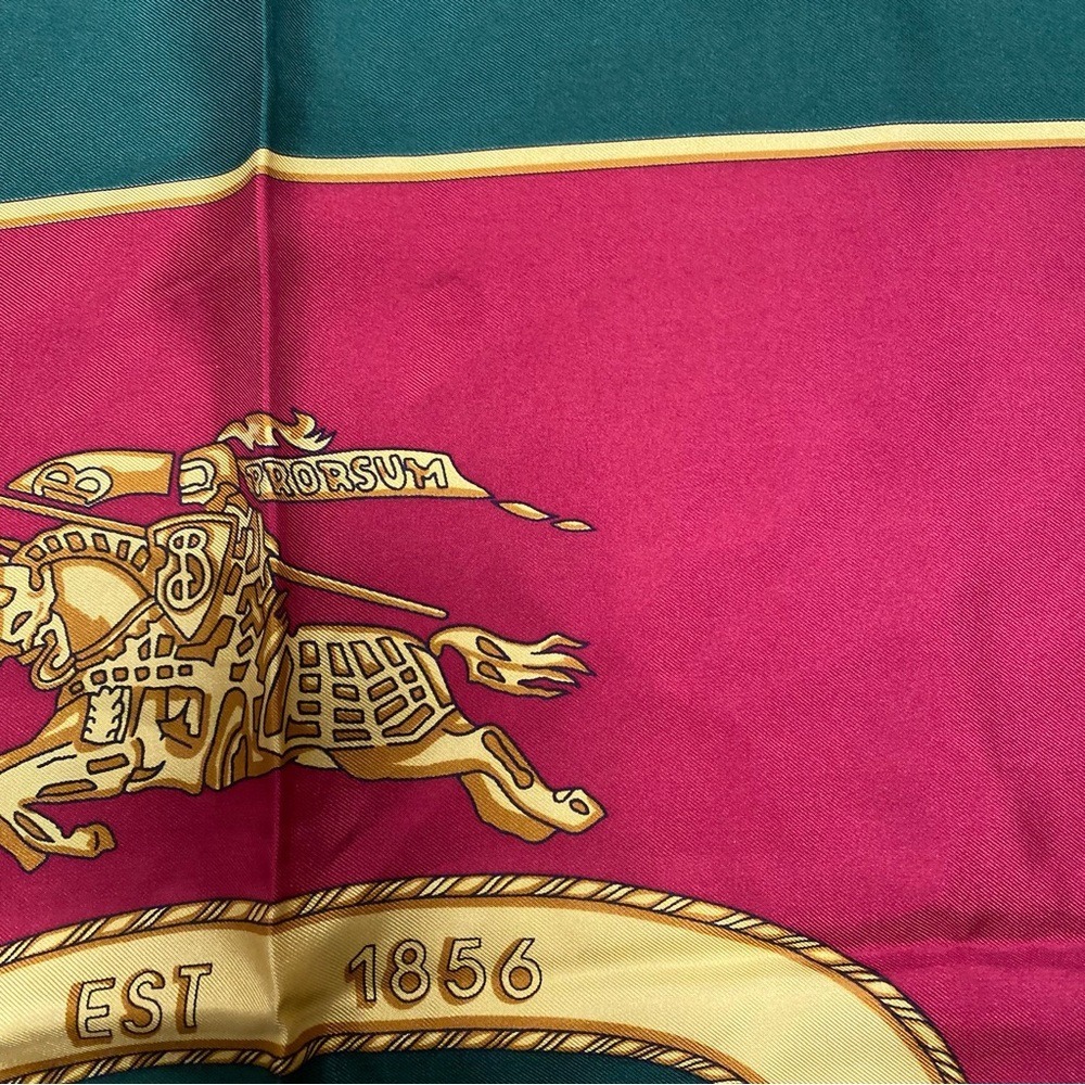 Vintage Burberrys London Silk Scarf Green Red Equestrian Prorsum Knight Logo - Picture 6 of 11